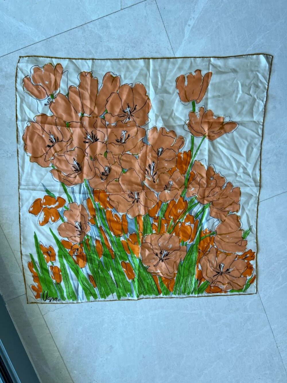 Vera Peach Poppy Floral Silk Scarf Square Large Blooms